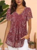⁦Women'S Tops Short Sleeve Shirts Casual V Neck Blouse Double Layers Mesh Tunics Tops⁩ - الصورة ⁦3⁩