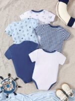 ⁦5pcs Baby's Marine Style Cotton Bodysuit, Casual Short Sleeve Romper, Toddler & Infant Boy's Outdoor Clothing⁩ - الصورة ⁦9⁩