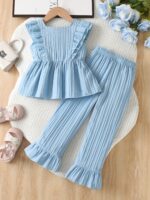 Two-piece set of short-sleeved summer shirt with 3D flower transfer and trumpet pants for little girls, suitable for daily leisure outings as gifts, Perfect for Outdoor - Image 2