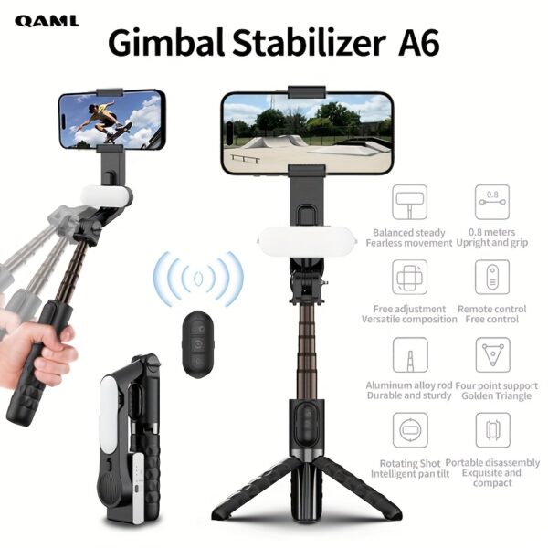 QAML Wireless Handheld Smartphone Stabilizer with Tripod, Folding Head & Fill Light - Wireless Selfie Stick, USB Rechargeable, 400mAh Battery, Black - Perfect for Skateboarding & Vlogging, Vlogging Accessory | Modern Smartphone Stabilizer | Versatile Phon
