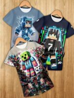 Boys' fashion 3D printed casual pullover short-sleeved T-shirt and short pants set, boys' outdoor T-shirt and short pants set, 6pcs set, Perfect for Outdoor - Image 2