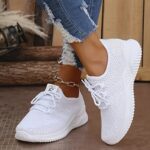 ⁦[Breathable Knit Sneakers] Lightweight Breathable Women's Knit Sneakers - Soft Sole Casual Shoes, Lace-Up Low-Top in Pink, White, Gray, Black - Comfortable Sporty Trainers for All Seasons⁩ - الصورة ⁦2⁩