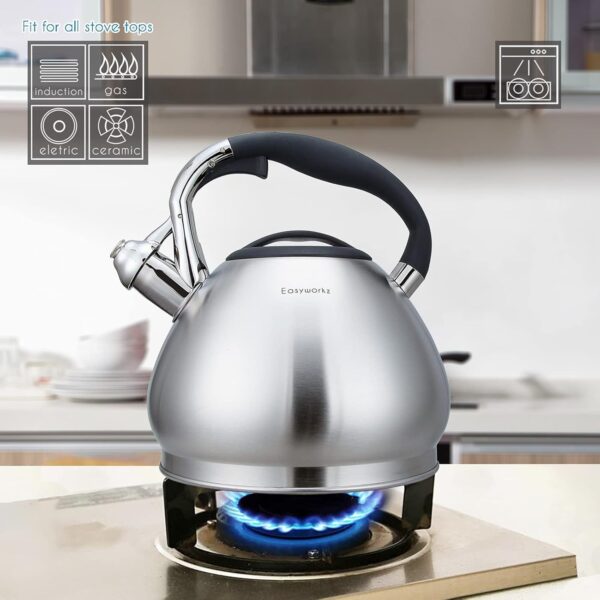 One Piece of Easyworkz Whistling Tea Kettle, Food Grade Stainless Steel Stovetop Kettle with Loud Whistle, Wide Mouth Lid, and Capsule Base for Gas, Induction, and Electric Cooktops, Perfect for Tea & Coffee