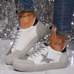 [Everyday Comfort] Women's Leopard Print Star Sneakers, Casual Lace-Up Low Top Shoes with Round Toe, Fabric Upper & Mesh Inner, PVC Sole, Polyurethane Insole - Spring Fashion, Everyday Shoes|Leopard Print Sneakers|Artificial Cover Sneakers