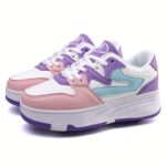 ⁦Fashion Roller Skates - Pink & White Low-Top Sneakers with Retractable Four-Wheel Design, Comfortable EVA Insole, Durable TPR Sole, Stylish Casual Shoes for Teens & Adults, All-Season Wear, Sports Casual Shoes | Midtop Sneakers | Fabric Upper Sneakers⁩ - الصورة ⁦21⁩