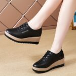 ⁦Women'S Casual Height-Increasing Wedge Loafers - Lightweight, Versatile Slip-On Shoes with TPR Sole, Synthetic Upper & Insole, Lace-Up Design, Black, All-Season Comfort, Casual Footwear | Casual Style | Durable Footwear⁩ - الصورة ⁦3⁩