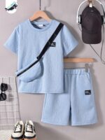 KIKOFENDY Boys' 3pcs Summer Outfit Set - Casual White Short Sleeve T-Shirt with Patched Letter Design, Beige Shorts & Fashionable Crossbody Bag, Perfect for Spring/Summer/Fall, for Outdoor - Image 3