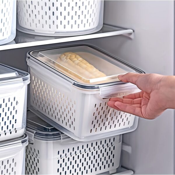 9pcs Plastic Food Storage Container Set with Draining Basket and Lids - Leak-Proof, Refrigerator Safe, Reusable Multifunctional Kitchen Organizer for Fruits, Vegetables and Foods, 3 Boxes + 3 Draining Baskets + 3 Lids