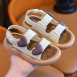 Girls' Summer Sandals with Thick Non-Slip Soft Sole & Adjustable Buckle Strap - Cute Heart Pattern White & Brown PVC Casual Beach Shoes for Youngsters to Little Girls (1-5 Years), Summer Youngsters Sandals | Youngsters' Fashion Sandals | Soft Sole Sand, S - Image 2