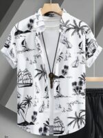 Men's Trendy Hawaiian Shirt With Fancy Palm Tree Prints For Summer Beach, Pool And Vacation