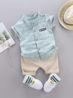 2pcs Baby Boys Dinosaur Print Button Short Sleeve Shirt Top & Elastic Waist Shorts Set Toddler Summer Clothes For Daily & Outdoor Wear - Image 3