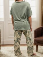 Large Size Women's Casual Green Solid Color T-shirt and Elegant Floral Long Pants Pajama Set - Image 4