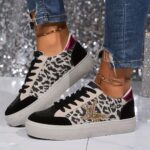 ⁦[Everyday Comfort] Women's Leopard Print Star Sneakers, Casual Lace-Up Low Top Shoes with Round Toe, Fabric Upper & Mesh Inner, PVC Sole, Polyurethane Insole - Spring Fashion, Everyday Shoes|Leopard Print Sneakers|Artificial Cover Sneakers⁩ - الصورة ⁦3⁩