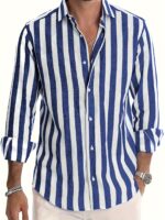 Men's Stylish Striped Long Sleeve Button-Up Shirt - Casual Lapel Collar, White & Brown Vertical Stripes, Lightweight Fabric, Perfect for Beach Vacations, Dates, and Gifts, Beach Wear, Versatile Fashion | Classic Striped Shirt | Collared Long Sleeve - Image 3