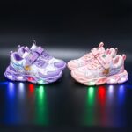' Glow-in-the-Dark Sneakers, Cartoon Pattern, Casual Lace-Up with Fastener, Breathable Fabric & Faux Leather Upper, Rubber Sole, Round Toe, Low Top, Disposable Button Battery Operated, for Ages 14 and Under - Spring/Fall Collection