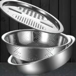 3pcs Stainless Steel Kitchen Set with One-Piece Grinder, Multi-Function Filter and Mixing Bowl - Perfect for Cleaning and Slicing Fruits, Vegetables, Cheeses | Food Safe with Drainage System, Ideal for Home Cooking, Kitchen Grinder - Image 8