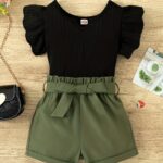 2pcs Trendy Girls Solid Flutter Trim T-Shirt Top + Shorts With Bow Belt Set For Summer Outdoor Outfit - Image 10