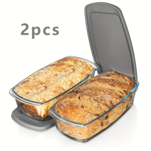 2pcs 60.87oz, Bread Baking Pan, Large Capacity Glass Baking Pan with Lid, Kitchen Baking Supplies,with handle for easy carrying, stackable, ideal for baking bread and cakes, can also be used as an airtight storage container.