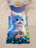 Girls' Sleeveless Summer Dress with Adorable Blue Kitten & Floral Print - A-Line Casual Playwear for Youngsters, Hand Wash Only, Dress Up Play for Girls, Youngsters's Outdoor Wear, Comfortable Youngsters's Clothing - Image 2