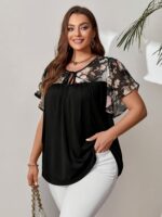 Plus Size Women's Floral Print Tie-Front Black Top with Adjustable Bow & Flutter Sleeves - Lightweight Semi-Sheer Summer Blouse, Machine Washable Elegant Pullover for Casual or Dressy Outfits, Floral Print Blouse, Casual Chic Top, Elegant Flutter Sleeves, - Image 10