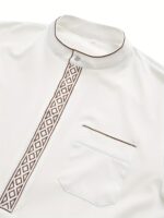 Men's Elegant White Long Sleeve Kandora - Traditional Arabian Robe with Stand Collar, Geometric Pattern, All-Season Polyester Blend for Islamic and Cultural Events, Allseason Robe | Elegant Kandora | Smooth Fabric - Image 4
