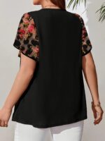 Plus Size Women's Floral Print Tie-Front Black Top with Adjustable Bow & Flutter Sleeves - Lightweight Semi-Sheer Summer Blouse, Machine Washable Elegant Pullover for Casual or Dressy Outfits, Floral Print Blouse, Casual Chic Top, Elegant Flutter Sleeves, - Image 4