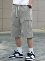 Men's Casual Cargo Shorts with Pockets - Loose Fit, Mid-Waist, Polyester, Street Style, Brown, Drawstring Waistband, Everyday & Leisure Wear