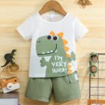 2pcs set for baby boys, cute and simple sporty style, cartoon dinosaur pattern short-sleeved T-shirt + plain color triangle decorative shorts, summer daily outdoor suit