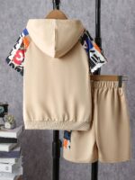 ⁦Boys' Summer Outing Casual Trendy Letter Print Hooded Short Sleeve Top + Elastic Waist Loose Casual Outing Sports Shorts Two-Piece Set, Perfect for Outdoor⁩ - الصورة ⁦2⁩
