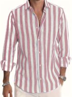 Men's Stylish Striped Long Sleeve Button-Up Shirt - Casual Lapel Collar, White & Brown Vertical Stripes, Lightweight Fabric, Perfect for Beach Vacations, Dates, and Gifts, Beach Wear, Versatile Fashion | Classic Striped Shirt | Collared Long Sleeve - Image 4