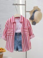 Casual 3-Piece Girls Striped Cardigan Shirt + Letter Tank + Rolled Hem Denim Shorts, Summer Outdoor Set