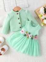 ⁦Girls' Casual Floral Dress with Long Sleeve Jacket Skirt Set⁩ - الصورة ⁦5⁩