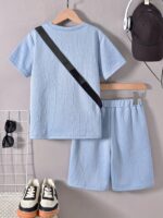 KIKOFENDY Boys' 3pcs Summer Outfit Set - Casual White Short Sleeve T-Shirt with Patched Letter Design, Beige Shorts & Fashionable Crossbody Bag, Perfect for Spring/Summer/Fall, for Outdoor - Image 7