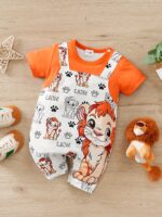 YIERYING Youngsters Boys' Summer Lion Cartoon Print Short-Sleeve Romper with Faux Suspenders - Soft Polyester Blend, Playful Animal Design, Easy-Care Hand Wash, Casual Youngsters Outfit | Cartoon Lion Design | Brand Yierying, Perfect for Outdoor