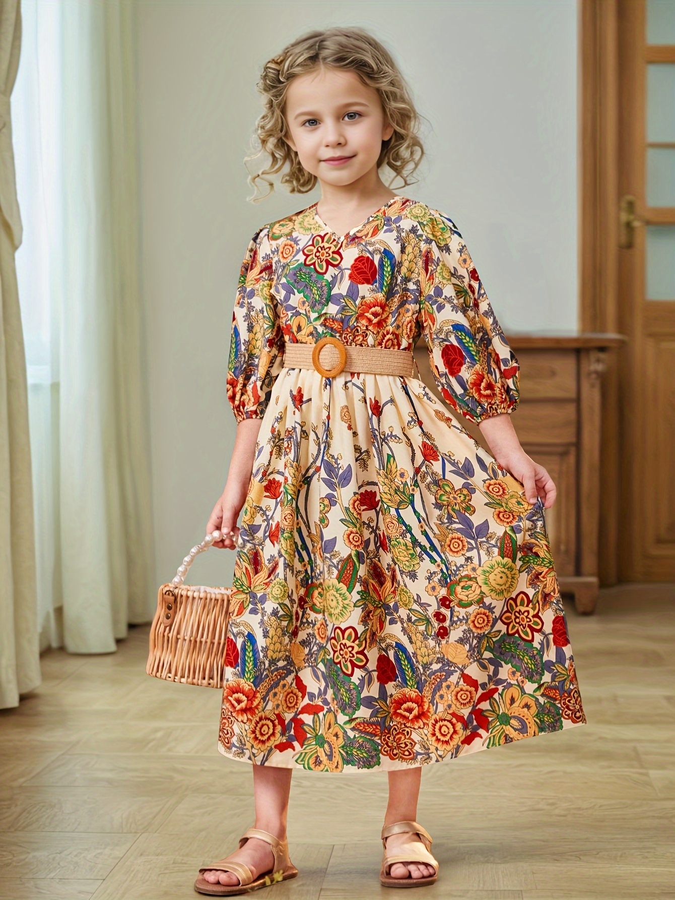 5cc49808-1ac1-43cb-9440-d015542f4aa8.jpg Mixed Floral 3/4 Sleeve Holiday Dress For Girls, Summer Going Out Casual Dresses, Gift - Image 1