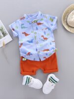 2pcs Baby Boys Dinosaur Print Button Short Sleeve Shirt Top & Elastic Waist Shorts Set Toddler Summer Clothes For Daily & Outdoor Wear - Image 6