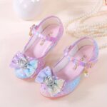 ⁦Sparkly Rainbow Princess High Heels for Girls - Glittery Pink & Purple Dress Shoes with Pearl & Rhinestone Embellishments, Non-Slip Rubber Sole, Hook-and-loop Fastener Closure - Perfect for Performances, Parties & Special Occasions⁩ - الصورة ⁦2⁩