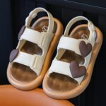 Girls' Summer Sandals with Thick Non-Slip Soft Sole & Adjustable Buckle Strap - Cute Heart Pattern White & Brown PVC Casual Beach Shoes for Youngsters to Little Girls (1-5 Years), Summer Youngsters Sandals | Youngsters' Fashion Sandals | Soft Sole Sand, S - Image 4