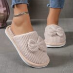 Cute Bowknot Soft Sole Fuzzy Slippers, Winter Cozy & Warm Slip On Plush Shoes, Comfy Closed Toe Home Slippers - Image 3