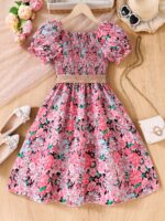 Charming Girls' Floral Summer Dress with Puff Sleeves and Belt - Lightweight Polyester, Machine Washable - Perfect for Beach Vacations - Image 9