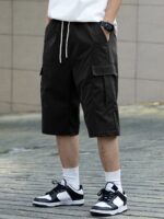 ⁦Men's Casual Cargo Shorts with Pockets - Loose Fit, Mid-Waist, Polyester, Street Style, Brown, Drawstring Waistband, Everyday & Leisure Wear⁩ - الصورة ⁦6⁩
