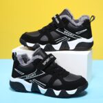⁦Boys' Winter Snow Boots with Warm Plush Lining - Comfy Non-Slip Soft Sole Sneakers, Black & White Geometric Design, Hook and Loop Closure, Casual Retro Style for Youngsters, Winter Boots⁩ - الصورة ⁦3⁩