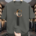 Men's Casual Calvin Print T-Shirt - Black with Golden Stripe Design, Comfortable Polyester Crew Neck Tee for Everyday Streetwear, Summer Essential