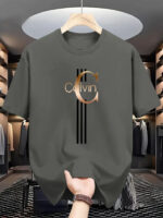 Men's Casual Calvin Print T-Shirt - Black with Golden Stripe Design, Comfortable Polyester Crew Neck Tee for Everyday Streetwear, Summer Essential
