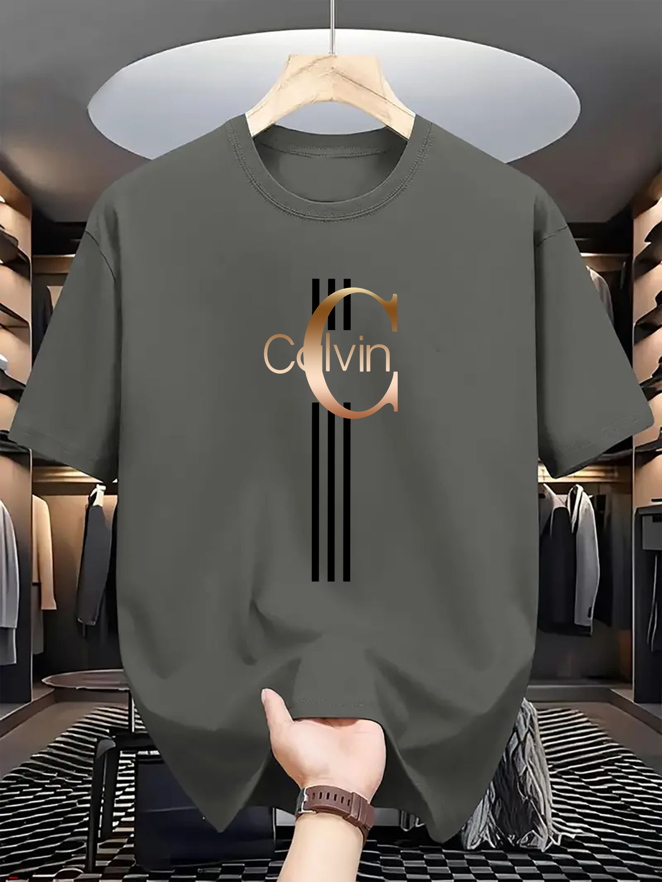 5fe09d5ebf2542218c7d4903ba0024fc-goods-2.jpeg Men's Casual Calvin Print T-Shirt - Black with Golden Stripe Design, Comfortable Polyester Crew Neck Tee for Everyday Streetwear, Summer Essential - Image 1