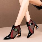 Elegant Women's Pointed-Toe High Heels - Chunky Mesh Cutout Ankle Boots with Rhinestone Detail, Back Zipper Closure for Casual Wear, Flat Shoes, Color Block - Image 3