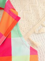 ⁦Vibrant Color Block Girls' Sleeveless Romper with Matching Sun Hat - Casual Summer Outfit, Halter Neck, Button-Up Design, Polyester Fabric, Perfect for Youngsters' Outdoor Play, Girls Clothes, Perfect for Outdoor⁩ - الصورة ⁦6⁩