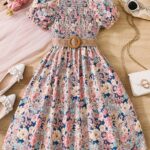 Charming Girls' Floral Summer Dress with Puff Sleeves and Belt - Lightweight Polyester, Machine Washable - Perfect for Beach Vacations