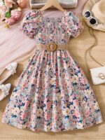 Charming Girls' Floral Summer Dress with Puff Sleeves and Belt - Lightweight Polyester, Machine Washable - Perfect for Beach Vacations