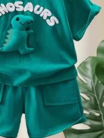 2pcs Set of Small Boy Casual Letter Pattern Dinosaur Short Sleeved T-Shirt And Shorts, Comfortable Summer Clothing for Boys, Suitable for Beach Vacation And Outdoor Activities in The Summe, for Outdoor - Image 5